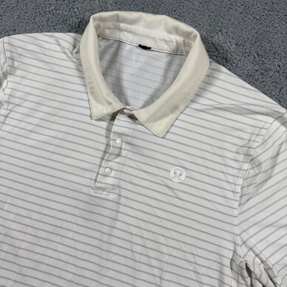 Lululemon Logo Sport Polo Mens Large White Grey Striped Golf Performance Logoo